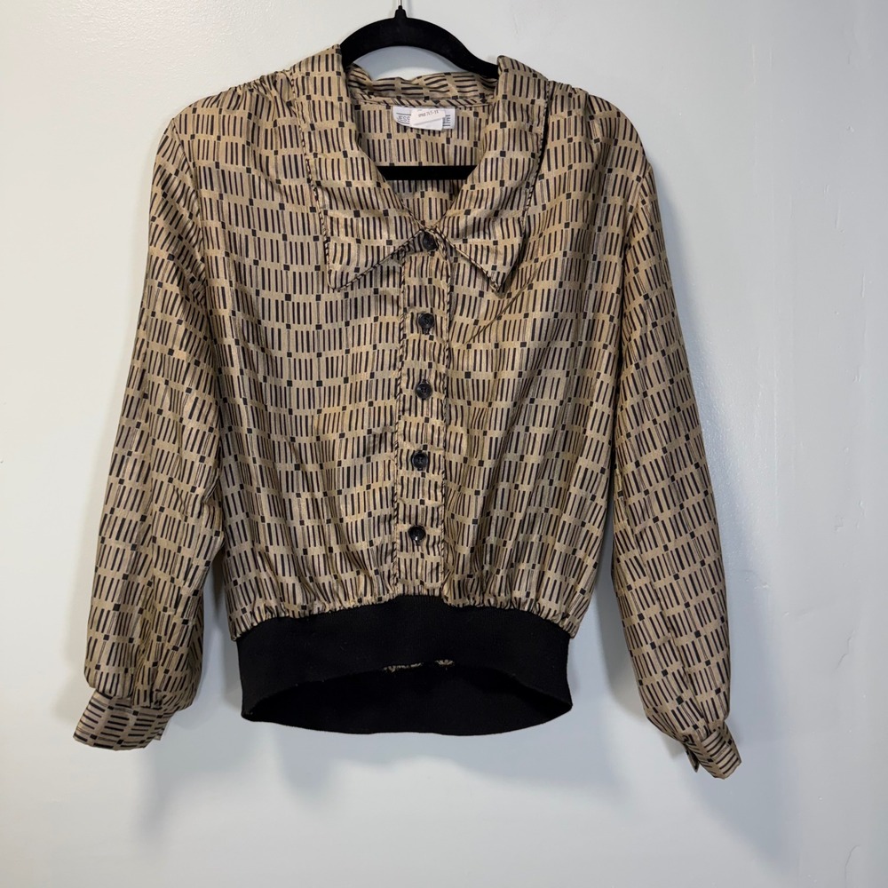 Vintage Jessica Michelle Geometric Blouse Gold Black Size 8 Made in USA